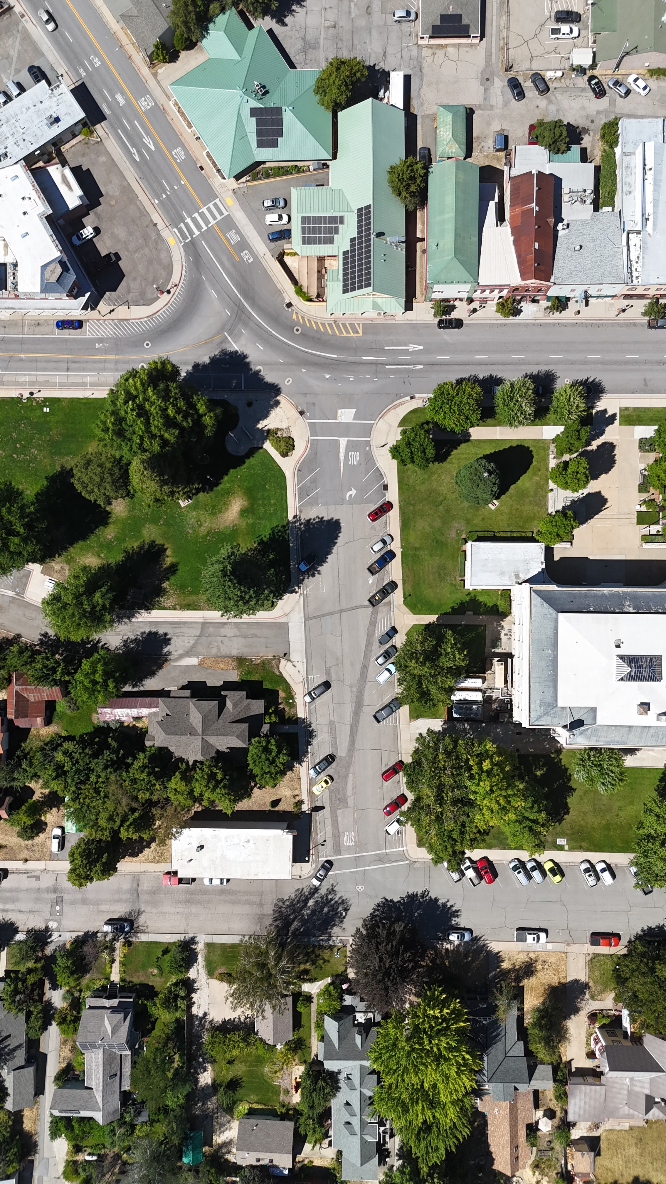 Top-down drone capture of a civic intersection used for lane and safety analysis